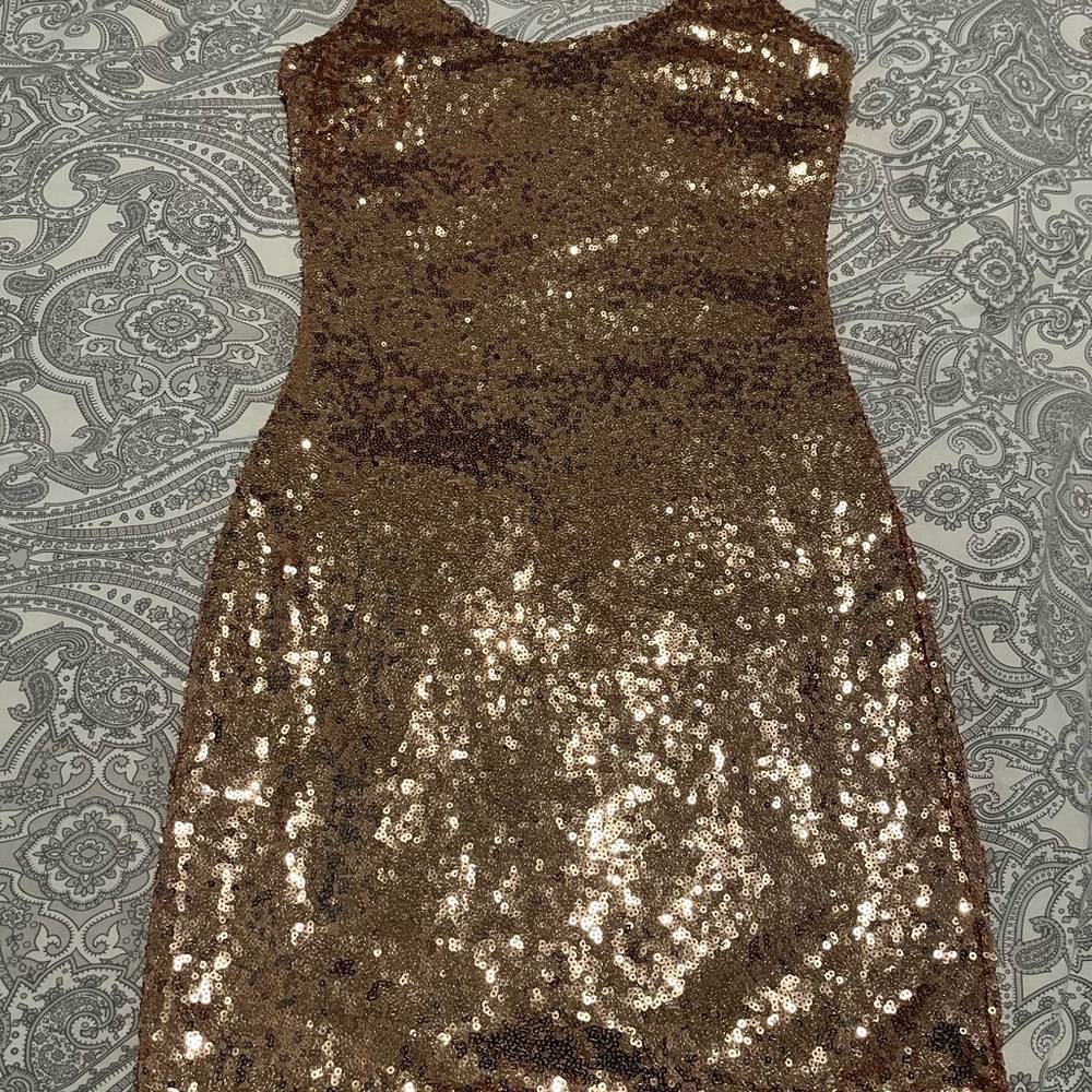 Fashion Nova Rose Gold Sequin Strapless Dress